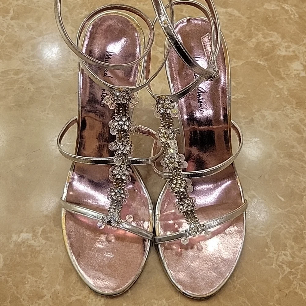 Michael Antonio Bedazzled Ankle Strap Silver Heeled Sandals, Sz 8